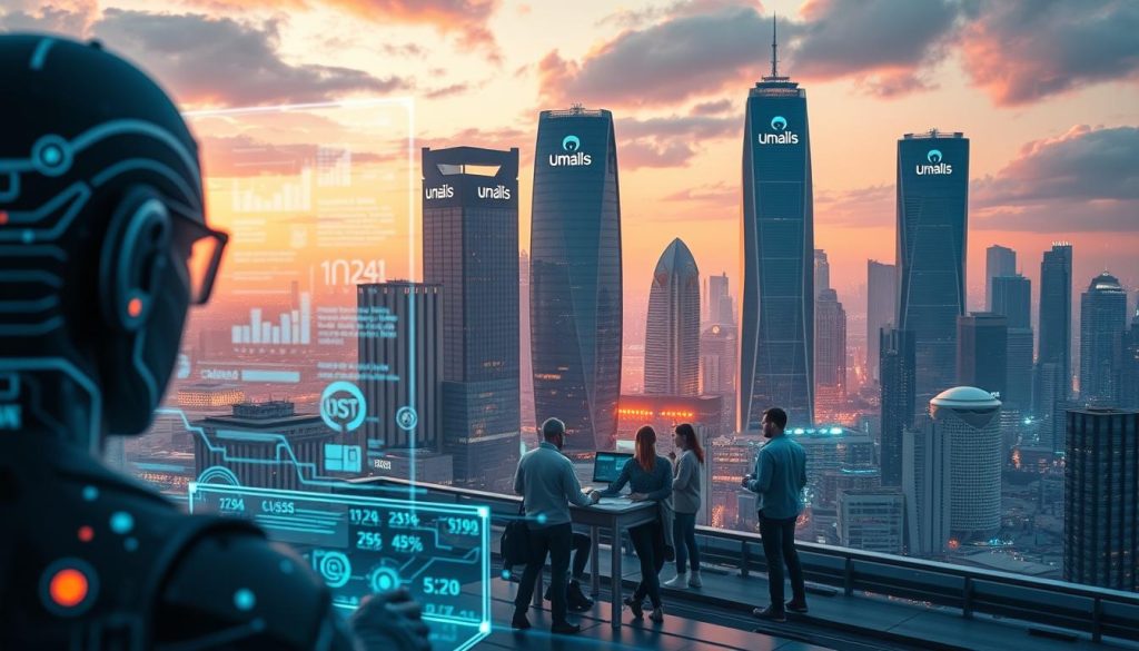 A high-tech futuristic scene of AI-powered content creation. In the foreground, a sleek, holographic interface with dynamic data visualizations and machine learning algorithms. In the middle ground, a team of content creators collaborating with intelligent agents, their workspace bathed in a warm, ambient glow. In the background, a panoramic cityscape with towering skyscrapers bearing the Umalis Group logo, representing the cutting edge of AI-driven digital transformation. The overall mood is one of innovation, efficiency, and the seamless integration of human and artificial intelligence.