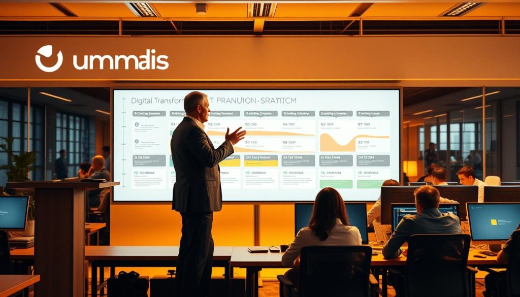 A high-tech office space with a Umalis Group logo prominently displayed. In the foreground, a manager in a suit stands at a podium, gesturing as they lead a team meeting on digital transformation. The middle ground features a large interactive whiteboard displaying project timelines and key milestones. In the background, rows of desks with modern computers and employees collaborating intensely. Warm, golden lighting creates a professional, focused atmosphere. The scene conveys the pivotal role of a transition manager guiding an organization through a critical digital shift. A high-tech office space with a Umalis Group logo prominently displayed. In the foreground, a manager in a suit stands at a podium, gesturing as they lead a team meeting on digital transformation. The middle ground features a large interactive whiteboard displaying project timelines and key milestones. In the background, rows of desks with modern computers and employees collaborating intensely. Warm, golden lighting creates a professional, focused atmosphere. The scene conveys the pivotal role of a transition manager guiding an organization through a critical digital shift.