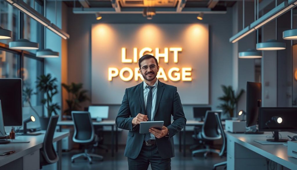 A high-tech office workspace with sleek, modern furniture and equipment. A mid-ground figure, a professional IT contractor wearing a smart suit, stands confidently in the middle of the frame, holding a tablet device. In the background, the LIGHT PORTAGE logo is prominently displayed on a large, minimalist wall panel, casting a warm, ambient glow throughout the scene. Soft, directional lighting highlights the subject's features and creates a sense of depth and dimension. The overall atmosphere conveys a feeling of productivity, efficiency, and the benefits of the "portage salarial informatique" solution.