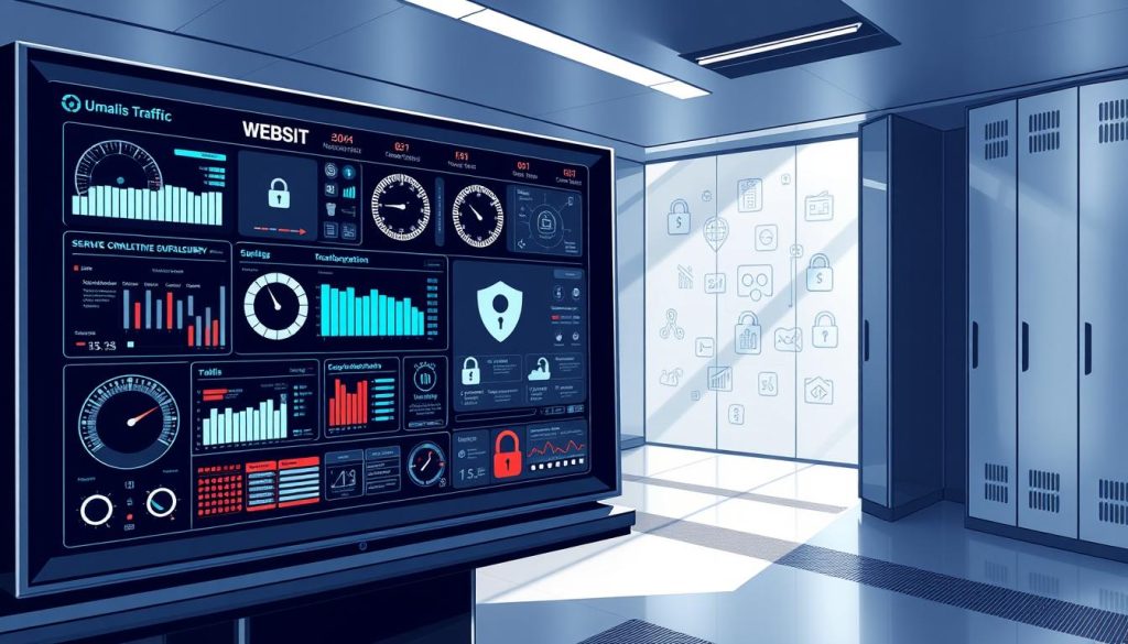 A high-tech security control panel with sleek, minimalist design, showcasing an array of digital meters, status indicators, and virtual dashboards. The foreground features a central display with real-time data visualizations, monitoring website traffic, firewall activity, and security threat levels. The middle ground depicts various security icons and symbols, including encryption keys, padlocks, and network diagrams. The background is a softly lit, metallic-toned environment, suggesting a secure, state-of-the-art server room or cybersecurity command center. Dramatic lighting casts sharp shadows, creating a sense of depth and technical sophistication. Umalis Group branding is subtly integrated into the design elements.
