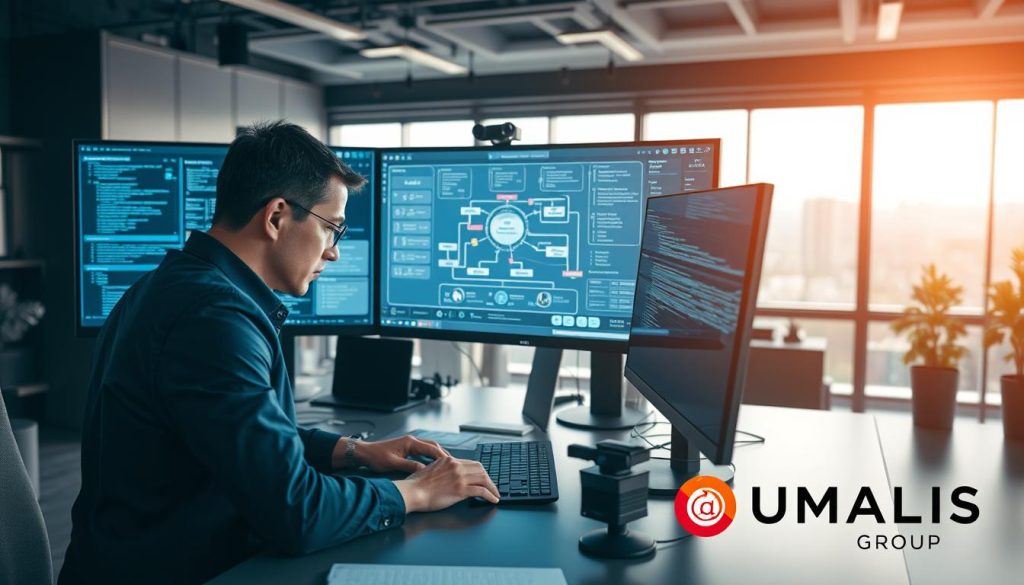 A high-tech workspace featuring a modern desk with multiple monitors displaying complex workflows of language models (LLM) and generative AI in action. In the foreground, a professional person in business attire intently analyzing a screen, showcasing depth of focus and concentration. The middle layer shows a vivid flowchart of translation processes and AI interactions, symbolizing the synergy between technology and linguistics. In the background, large windows let in soft, natural light, creating a warm yet focused atmosphere. The overall mood should evoke innovation and clarity in linguistic workflows. Incorporate subtle brand elements of "UMALIS GROUP" as part of the workspace decor, harmonizing with the image's professional setting.