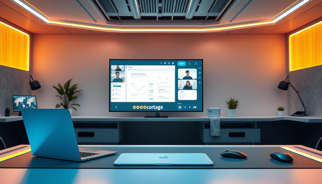 A high-tech workspace with an array of digital collaboration tools. In the foreground, a futuristic desk setup with a sleek Light Portage laptop, wireless mouse, and stylus. The middle ground features a large, high-resolution display showcasing a virtual whiteboard, video conferencing platform, and real-time document editing. In the background, a dynamic lighting system casts a warm, productive glow across the minimalist, yet functional environment. The overall scene conveys a sense of seamless, efficient digital teamwork and remote workflow optimization.
