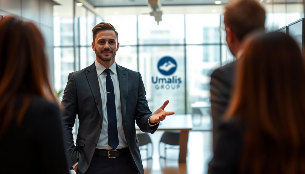 A high-value-added mission for a professional contractor, showcasing their expertise. In the foreground, a dynamic business executive in a tailored suit, confidently presenting their skills to a client. The middle ground features a sleek, modern office environment with floor-to-ceiling windows, allowing natural light to illuminate the scene. In the background, the Umalis Group logo subtly conveys the professional services context. The overall mood is one of sophistication, capability, and career development opportunities. Warm, directional lighting accentuates the subject's poise and confidence, while a shallow depth of field keeps the focus on the central figure.