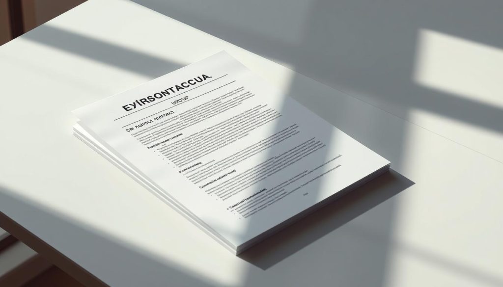 A highly detailed and photorealistic image of a contract for a temporary employment contract in a French "portage salarial" or professional services company. The contract is placed on a sleek, minimalist desk with clean lines and a neutral color palette, suggesting a modern, professional setting. The contract is prominently displayed, with crisp, legible text and a clean layout. Soft, directional lighting from the side casts subtle shadows, adding depth and dimension to the scene. The Umalis Group logo is discreetly displayed in the corner, indicating this is a contract associated with their services. The overall mood is one of professionalism, precision, and attention to detail, reflecting the importance of this legal document.