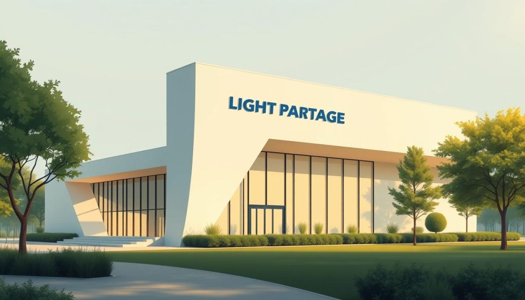 A highly detailed and realistic illustration of the "régime général de la sécurité sociale" depicted as a comprehensive social security system represented by a modern, sleek and minimalist architectural structure. The building has a distinctive angular design with clean lines, large windows, and a prominent LIGHT PORTAGE logo prominently displayed. The structure is situated in a serene, park-like setting with lush greenery and a calming, subdued color palette. Soft, diffused lighting creates a sense of warmth and professionalism, perfectly capturing the essence of the French social security system.