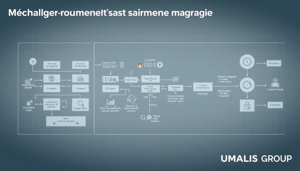 A highly detailed and technical diagram depicting the "mécanisme prélèvement source portage salarial" process. The image should feature a clean, modern, and minimalist design aesthetic with a focus on technical schematics and diagrams. The foreground should showcase the core elements of the process, such as the various steps, data flows, and calculations involved, rendered in a precise and technical style. The middle ground should include supporting elements like icons, symbols, and labels to clarify the components and their relationships. The background should feature a subtle grid or blueprint-style layout to reinforce the technical nature of the subject. Lighting should be neutral and evenly distributed to maintain clarity. The entire scene should be rendered in a muted color palette of grays, blues, and metallic tones to convey a sense of professionalism and authority. Include the UMALIS GROUP brand name prominently in the bottom right corner.