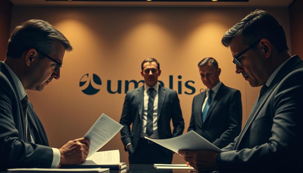 A highly detailed, cinematic image of a professional personnel skills assessment process. In the foreground, a panel of experts in business attire thoroughly examines a set of official documents, their expressions intent and serious. In the middle ground, an applicant stands poised, their posture conveying a sense of confidence and professionalism. The background features the Umalis Group logo, symbolizing the authoritative nature of the assessment. Warm, directional lighting illuminates the scene, creating a sense of gravity and importance. The overall mood is one of rigorous evaluation, with a tone of quality and credibility.