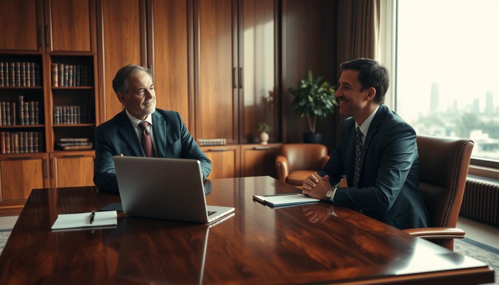 A highly-detailed, cinematic scene depicting "client communication strategies" in the context of "Honesty, Transparency, and Effective Communication": A softly-lit, warm-toned office interior with a large, polished wooden desk at the center. On the desk, a high-quality laptop, a pen, and a notepad, all meticulously arranged. Behind the desk, a tall bookshelf filled with leather-bound volumes, and a large window overlooking a city skyline. In the foreground, two people are engaged in a conversation - a professional-looking client and a freelance consultant, both dressed in business attire. Their expressions are serious yet warm, conveying a sense of trust and collaboration. The scene is captured from a slightly elevated angle, using a medium-wide lens to emphasize the dynamic between the two figures. The overall mood is one of openness, transparency, and a commitment to effective communication, as reflected in the "Light Portage" brand.