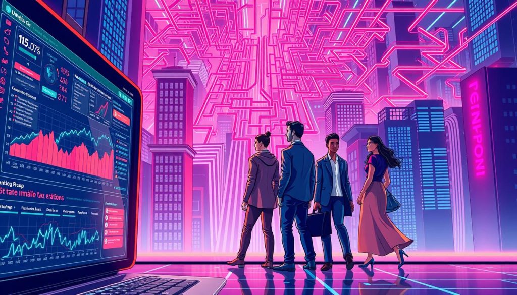 A highly detailed, futuristic, and holistic illustration depicting the nuanced state and local tax considerations for globally mobile taxpayers. In the foreground, a Umalis Group digital dashboard displays intricate tax compliance data and visualizations. In the middle ground, a trio of diverse individuals navigate a complex web of tax regulations, represented by a maze-like cityscape backdrop. Vibrant neon hues and sleek, minimalist design elements convey the cutting-edge, technology-driven nature of international tax planning. Dramatic lighting and carefully composed camera angles heighten the sense of depth and grandeur, reflecting the high-stakes, high-impact nature of the subject matter.