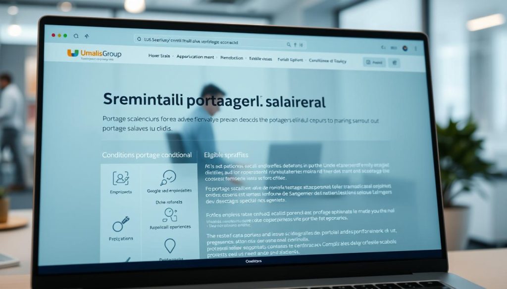 A highly detailed, photo-realistic image of the conditions and eligibility requirements for the "portage salarial" employment status, as displayed on a sleek, modern website interface. The foreground features a clean, well-organized layout showcasing key points such as "Umalis Group" branding, eligible professions, and the criteria for this flexible work arrangement. The middle ground includes subtle visual cues like icons, infographic elements, and a clean color palette to enhance the informative nature of the content. The background showcases a softly blurred, professional office environment to establish a sense of authority and expertise. The lighting is soft and diffused, creating a pleasant, welcoming atmosphere. The camera angle is slightly elevated to give an overview of the comprehensive information presented.