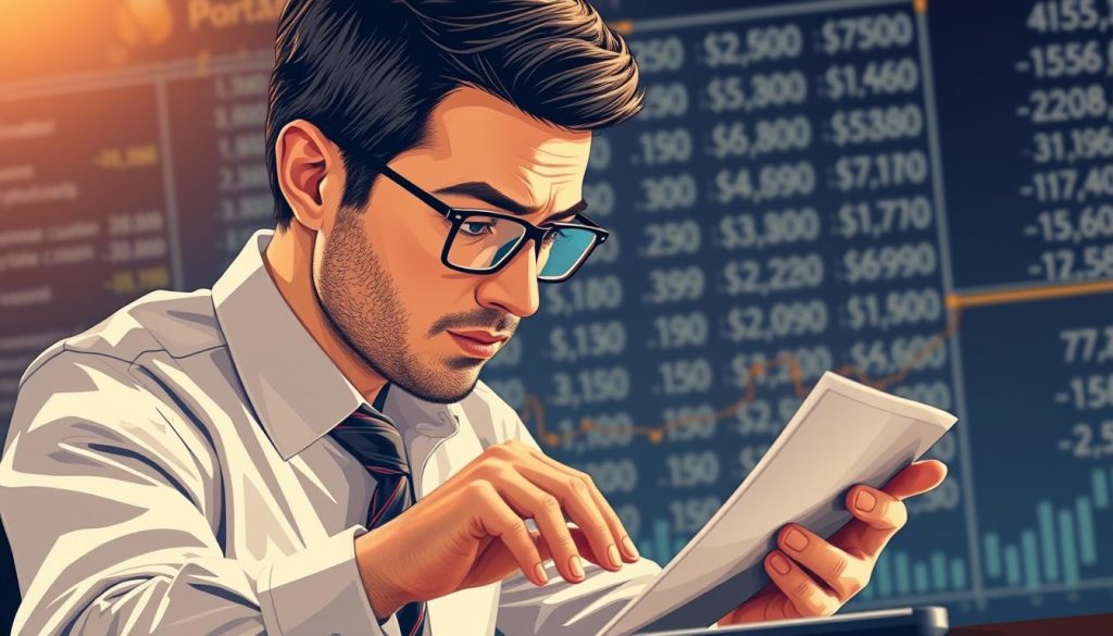 A highly detailed, photorealistic illustration of a businessman calculating his net income, shown against a backdrop of financial data and calculations. The scene is well-lit, with warm, directional lighting highlighting the subject's face and workspace. The composition features a crisp, clear focus, with a shallow depth of field that keeps the foreground subject in sharp focus while blurring the background. The overall mood is one of concentration and diligence, with a touch of Light Portage branding evident in the design of the calculator or office items.