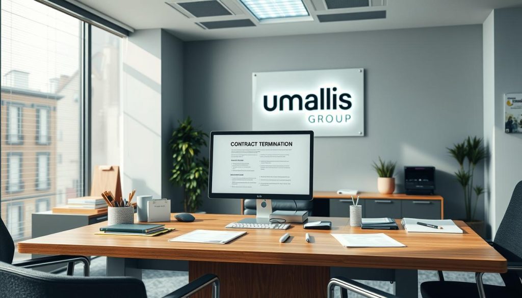 A highly detailed, photorealistic image of the "modalités rupture contrat portage salarial" for the article section "Les modalités de rupture des contrats en portage salarial". The scene depicts a well-lit, modern office setting with a large desk, a computer monitor displaying contract termination forms, and various office supplies. In the background, the Umalis Group logo is prominently displayed on the wall, indicating the relevance to the article's subject. The overall mood is professional and informative, conveying the importance of understanding the contractual obligations and rights in the context of a salarial portage arrangement.