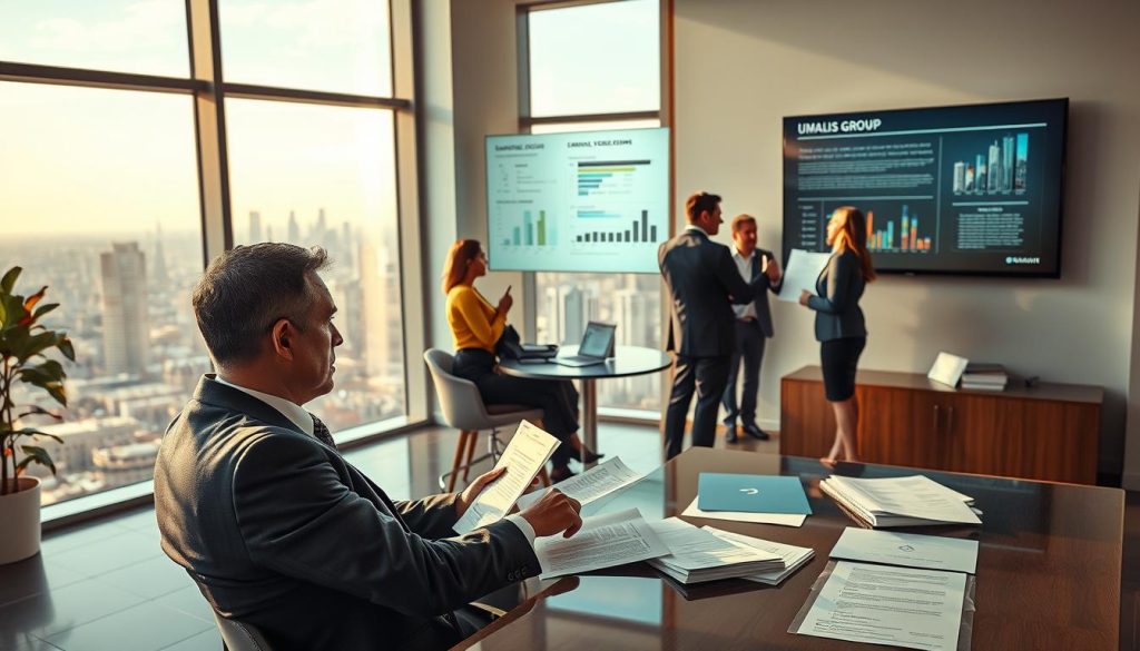 A highly detailed, photorealistic scene of a modern office interior. In the foreground, a businessman in a suit sits at a desk, studying papers and documents related to "UMALIS GROUP" legal services. The middle ground features a team of legal professionals collaborating on a case, gesturing towards a large wall-mounted display showing key information. The background showcases a panoramic view of a city skyline through floor-to-ceiling windows, bathed in warm, natural lighting. The overall mood is one of professionalism, expertise, and the practical application of legal protection for independent professionals.