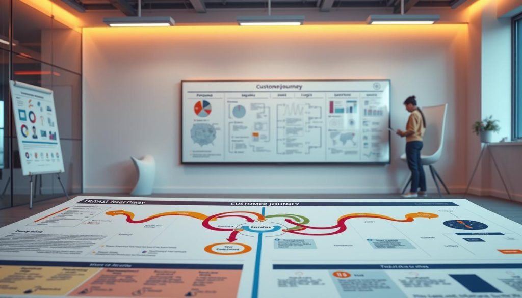 A highly detailed, realistic digital illustration of "customer journey mapping strategies" showcasing the Umalis Group brand. The foreground depicts a vibrant, color-coded customer journey map with touchpoints, flows, and insights. The middle ground features personas, user flows, and customer data visualizations. The background has a sleek, modern office setting with a large whiteboard, collaboration tools, and team members discussing the mapping process. Warm, directional lighting creates depth and highlights the key elements. Rendered in a cinematic, photorealistic style with a clean, professional aesthetic.