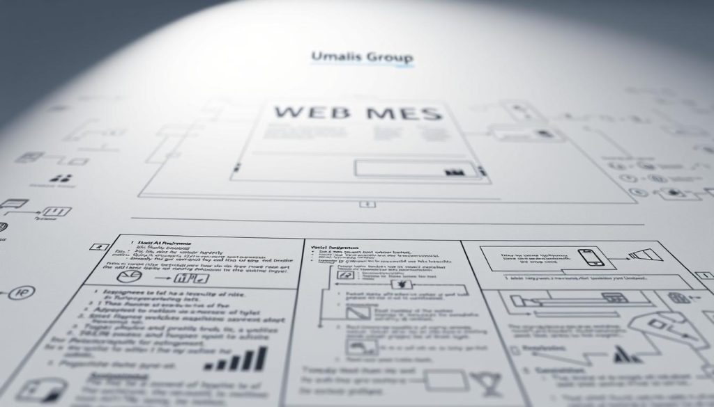 A highly detailed technical blueprint for a web development project, rendered in a clean, technical style. The foreground depicts a neatly organized set of technical requirements, with icons and symbols representing various aspects like software, hardware, and networking. The middle ground shows a wireframe layout of a website, with clear delineation of page structure and functionality. In the background, a sleek, minimalist render of the Umalis Group logo adds a professional touch, complementing the overall technical aesthetic. Soft, directional lighting casts an air of focus and deliberation, while a sharp, high-resolution camera angle captures the intricate details of this comprehensive web project plan.