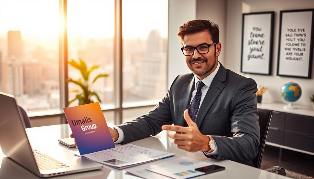 A highly professional businessman in a crisp suit sits at a sleek, modern desk covered with documents and a laptop, showcasing his focus on choosing a portage salarial company. In the foreground, his hand gestures towards a vibrant brochure displaying the "Umalis Group" logo, symbolizing careful selection. The middle ground features a neatly organized office space, adorned with motivational quotes framed on the walls and a soft-focus globe. In the background, large windows reveal a bustling cityscape bathed in warm afternoon sunlight, creating an inviting atmosphere. The lighting is bright yet soft, emphasizing the seriousness of the decision-making process. The overall mood is one of determination and professionalism, ideal for consulting in the software development industry.
