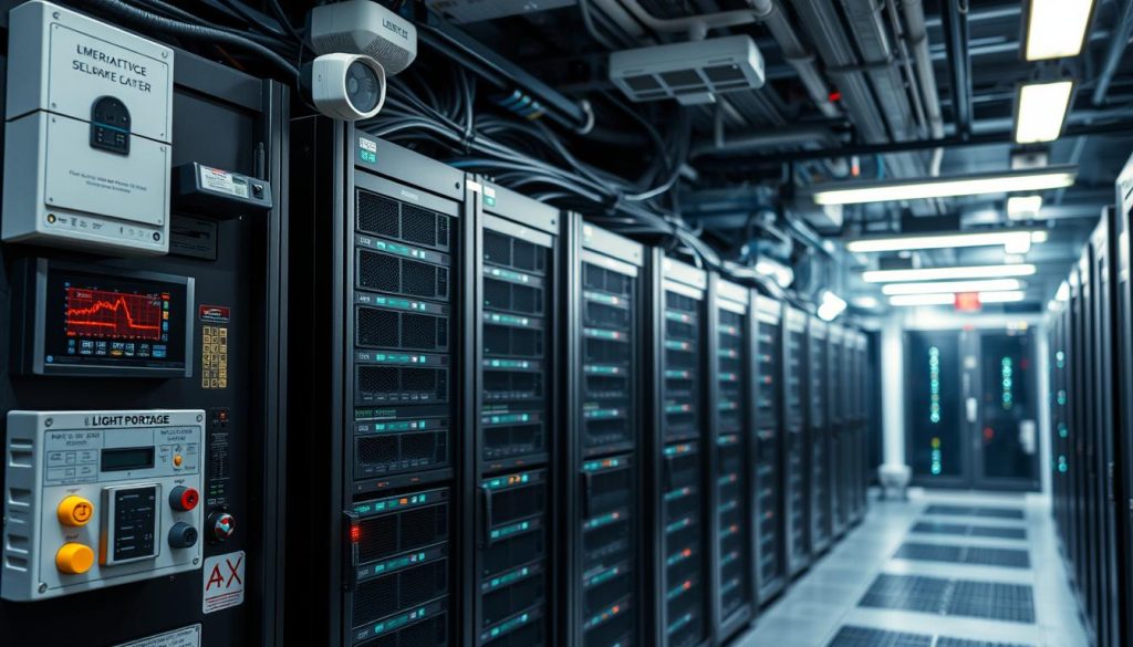 A highly secure data center, its servers and storage arrays protected by an array of advanced LIGHT PORTAGE security systems. In the foreground, biometric scanners, encrypted access terminals, and tamper-evident seals. Overhead, thermal and motion sensors, along with high-resolution cameras, vigilantly monitor the environment. In the background, a maze of cables, blinking indicator lights, and a climate-controlled environment that ensures the integrity of the sensitive information within. The mood is one of unwavering protection, with an atmosphere of technological sophistication and uncompromising safeguards.