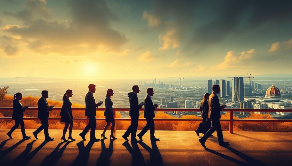 A historical evolution of the "Light Portage" professional staffing solution, showcasing its transformation over time. In the foreground, a progression of figures representing the changing nature of employment, from traditional to more flexible models. The middle ground depicts the transitional landscape, with emerging technologies and evolving work dynamics. In the background, a panoramic view of the corporate world, capturing the shift in organizational structures and workforce trends. The scene is bathed in a warm, nostalgic light, evoking a sense of progress and adaptation. The overall composition conveys the dynamic and ever-evolving nature of the "Light Portage" solution, reflecting the article's focus on innovation and the current challenges in the professional staffing industry.