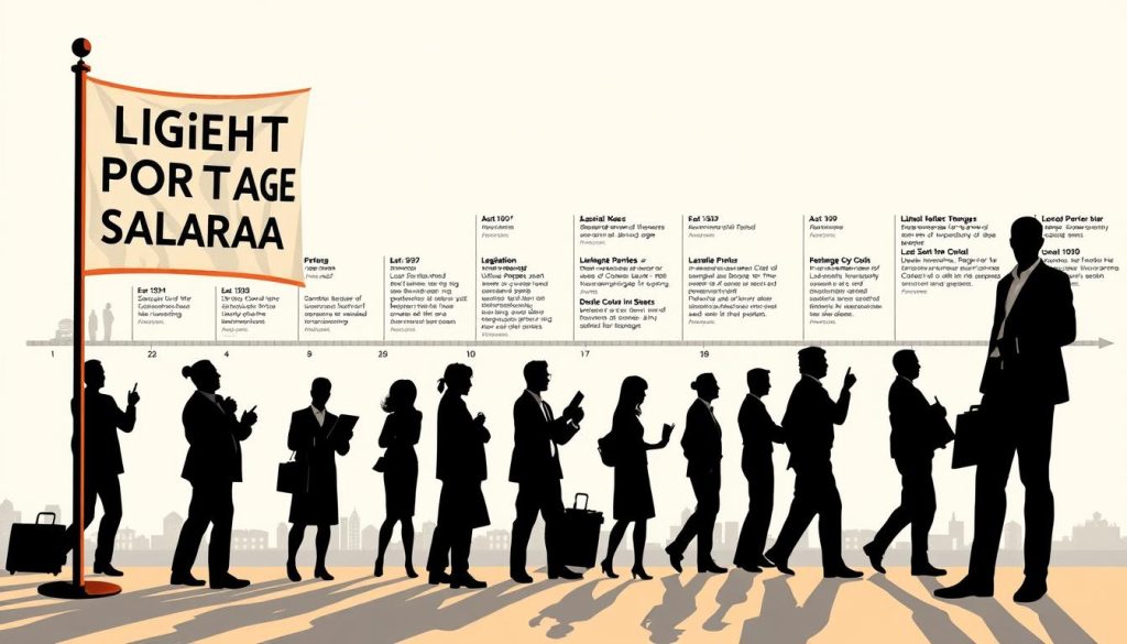 A historical illustration of the "portage salarial" concept, showcasing its evolution over time. In the foreground, a LIGHT PORTAGE banner stands tall, representing the modern incarnation of this employment status. In the middle ground, silhouettes of workers engaged in various professions, symbolizing the diverse range of independent professionals benefiting from this system. The background features a timeline, charting the historical development of the "portage salarial" from its origins to the present day, with key milestones and legislative changes depicted in a seamless, visually engaging manner. The overall composition conveys a sense of progress, security, and the empowerment of independent workers, aligning with the article's subject and section title.