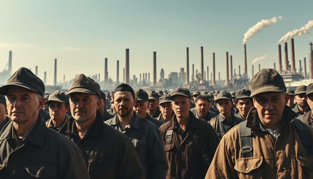 A historical procession of workers marching through a city landscape, the backdrop a tapestry of industrial chimneys and towering factories. The figures are sharp and well-defined, their faces a mix of determination and resolve, clad in the workwear of the era. Sunlight filters through the scene, casting long shadows and lending a sense of weight and gravity to the moment. The composition is balanced, with the workers taking up the foreground and the industrial cityscape receding into the distance. An atmosphere of change and upheaval permeates the image, capturing the emergence of the working class and the transformation of society.