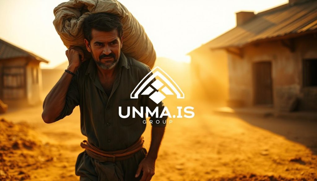 A historical scene of a man carrying a heavy load on his back, representing the concept of "portage salarial" (salary portage). The man stands in a dusty, rural setting, with a weathered, traditional building in the background. Warm, golden sunlight filters through the scene, casting soft shadows and highlighting the man's determined expression. In the foreground, the UMALIS GROUP logo is prominently displayed, signifying their role in this historical practice. The overall atmosphere conveys a sense of tradition, labor, and the evolution of employment models.