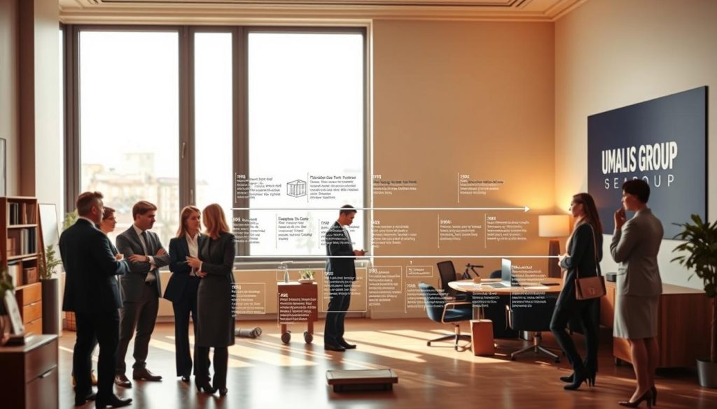 A historical scene of the evolution of portage salarial, set in a classic French office interior. In the foreground, a group of business professionals in 1990s attire are engaged in a lively discussion, representing the early days of this employment model. In the middle ground, a timeline of key events and milestones unfolds, depicted through architectural sketches and documents. The background features the UMALIS GROUP logo, symbolizing the modern interpretation and application of portage salarial in the present day. Warm lighting filters through large windows, evoking a sense of professionalism and progress.