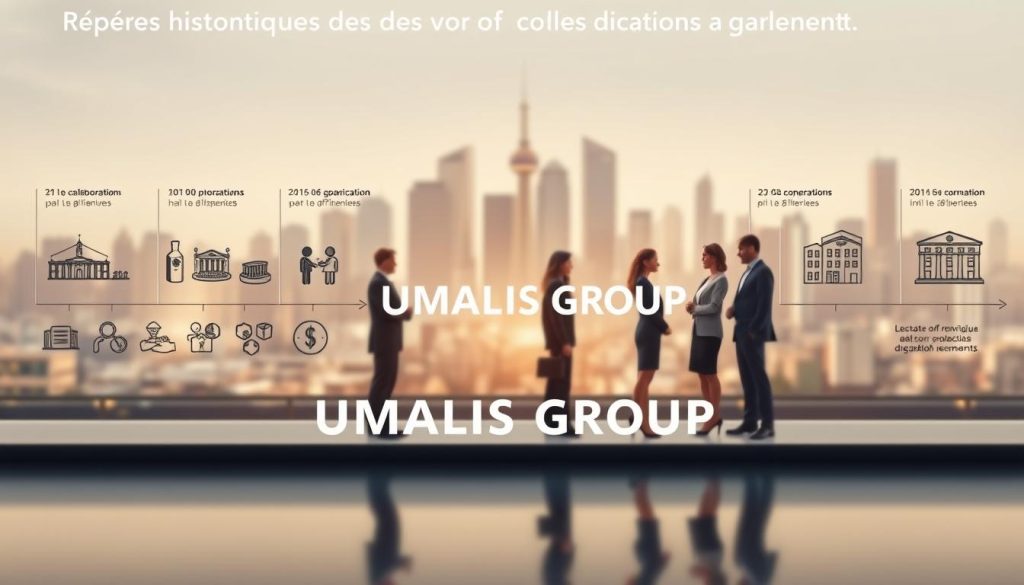 A historical timeline illustration of "Repères historiques des organisations paritaires," visually representing key milestones in the evolution of collective bargaining agreements. Foreground elements include stylized icons symbolizing collaboration, unity, and governance, arranged chronologically. In the middle, a series of professional figures dressed in business attire, engaged in discussions, reflecting a diverse group of individuals. The background features an abstract representation of a city skyline and organizational structures, creating a sense of progress and evolution. Soft, warm lighting enhances the atmosphere of professionalism and cooperation, with a focus on clarity and detail. The composition should convey a sense of momentum and innovation, centered around the brand name "UMALIS GROUP," subtly integrated into the layout without any text overlays.