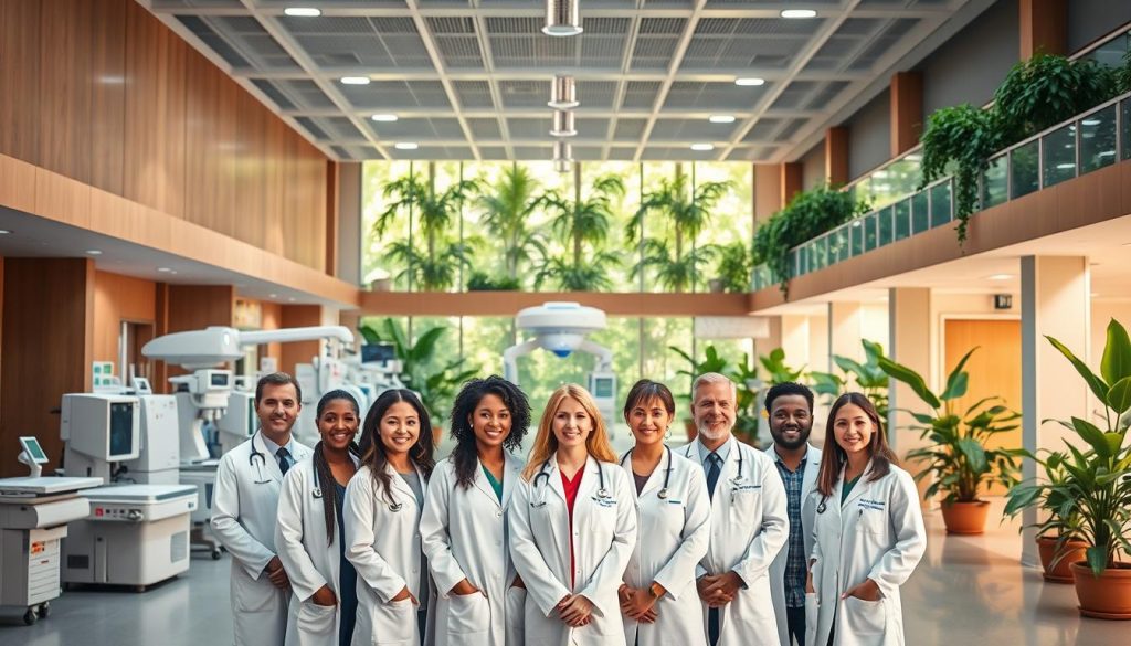 A large modern medical facility with a warm, welcoming atmosphere. In the foreground, a group of diverse medical professionals in pristine white coats standing together, their expressions conveying a sense of care and expertise. The middle ground showcases state-of-the-art diagnostic equipment and technology, while the background depicts a spacious, well-lit lobby filled with lush greenery and natural light, creating a soothing, rejuvenating ambiance. The overall scene exudes a harmonious blend of advanced medical capabilities and a holistic, patient-centric approach to healthcare.