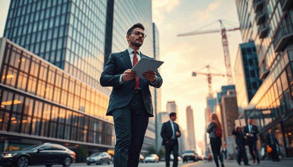 A large, modern office building with a sleek, glass facade stands tall, casting a long shadow on the bustling city street below. The foreground features a busy entrepreneur in a sharp, tailored suit, deep in thought as they review documents and consider the next steps for their growing LIGHT PORTAGE business. The midground showcases a team of professionals collaborating on a laptop, discussing the company's change in status and strategic direction. The background depicts the vibrant urban landscape, with skyscrapers and cranes in the distance, symbolizing the ever-evolving nature of the business world. Warm, diffused lighting illuminates the scene, creating a sense of professionalism and progress. The image captures the pivotal moment of a company's evolution, poised for its next phase of growth and success.