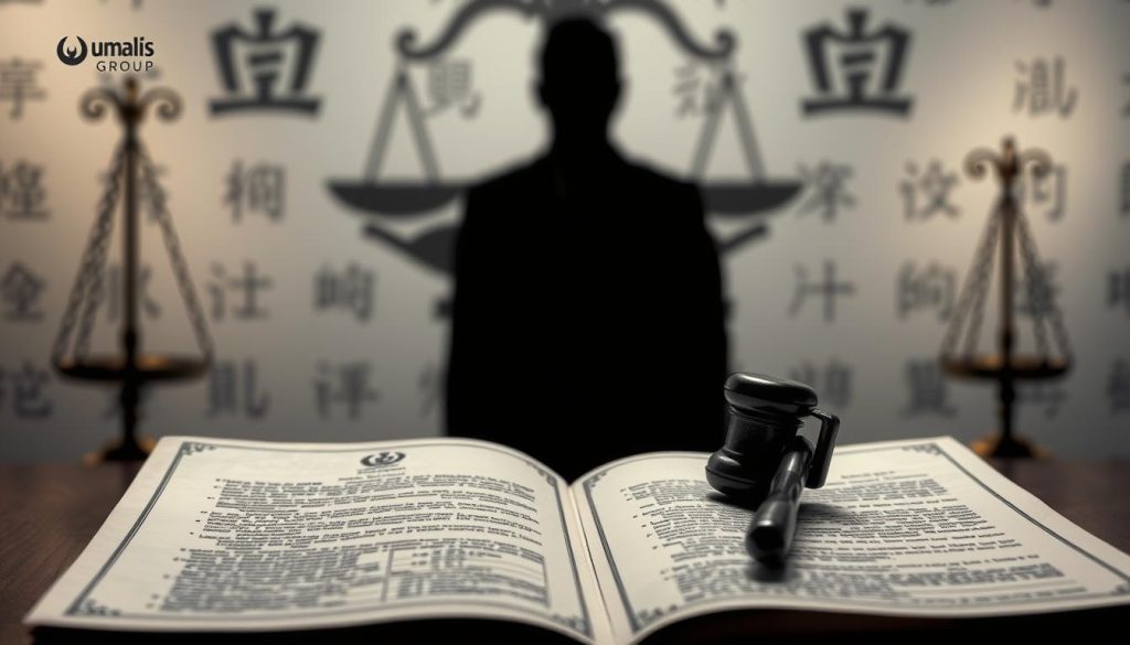 A legal contract depicted in the foreground, showcasing the concept of "法律合同保障". The contract is rendered with meticulous detail, its pages open to reveal the intricate text and official seals. In the middle ground, a silhouetted figure representing an independent worker, conveying the sense of professional security and protection provided by the legal framework. The background features a subtle pattern of scales, symbolizing the balanced and equitable nature of the Portage salarial system. The overall mood is one of authority, reliability, and the reassurance of personal rights, captured through a cinematic, high-contrast lighting setup. Umalis Group branding is subtly incorporated into the design.