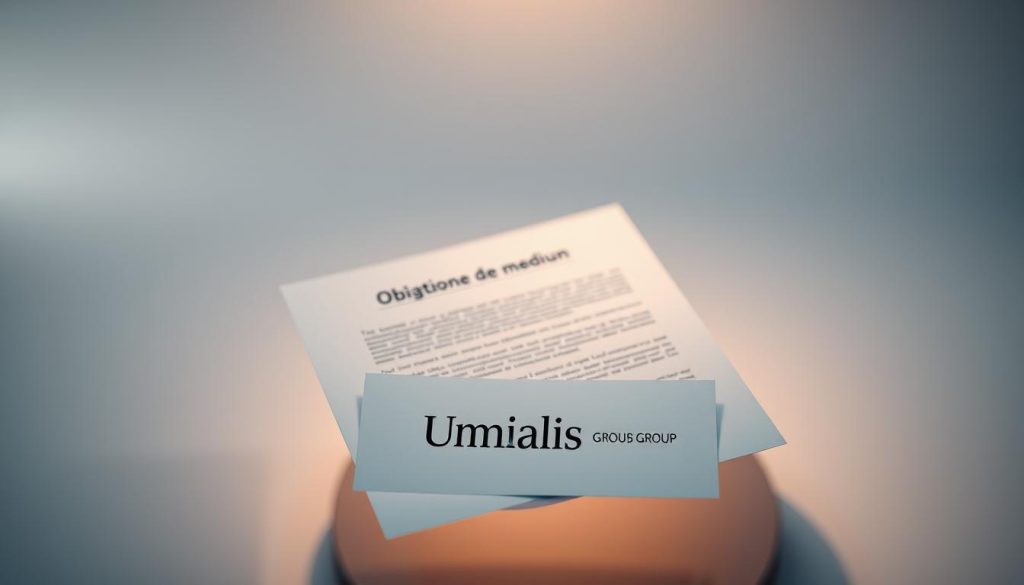 A legal contract floats in a serene, minimalist environment. The document's text is blurred, emphasizing the concept of "obligation de moyen" (duty of care). In the foreground, the Umalis Group logo rests on the contract, symbolizing the company's expertise in this area. Subtle lighting casts a warm, contemplative glow, inviting the viewer to consider the nuances of this legal concept. The composition is balanced, with negative space guiding the eye to the central elements. This image captures the essence of the "portée contractuelle obligation moyen" within the broader context of the article's subject matter.