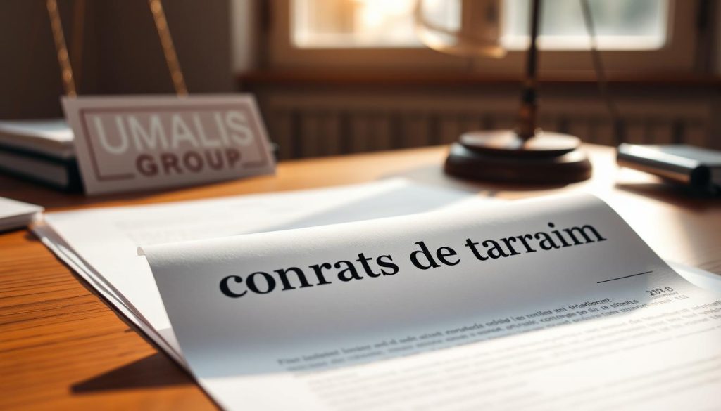 A legal contract on a wooden desk, bathed in warm, natural lighting. The document's title "contrats de travail" is clearly visible, denoting employment contracts. In the background, a subtle UMALIS GROUP logo adds a touch of professionalism. The scene conveys a sense of order, organization, and the formal process of employment. The lighting and camera angle create a sense of depth, drawing the viewer's attention to the key details of the contract. The overall mood is one of reliability, trust, and the responsible handling of legal matters.