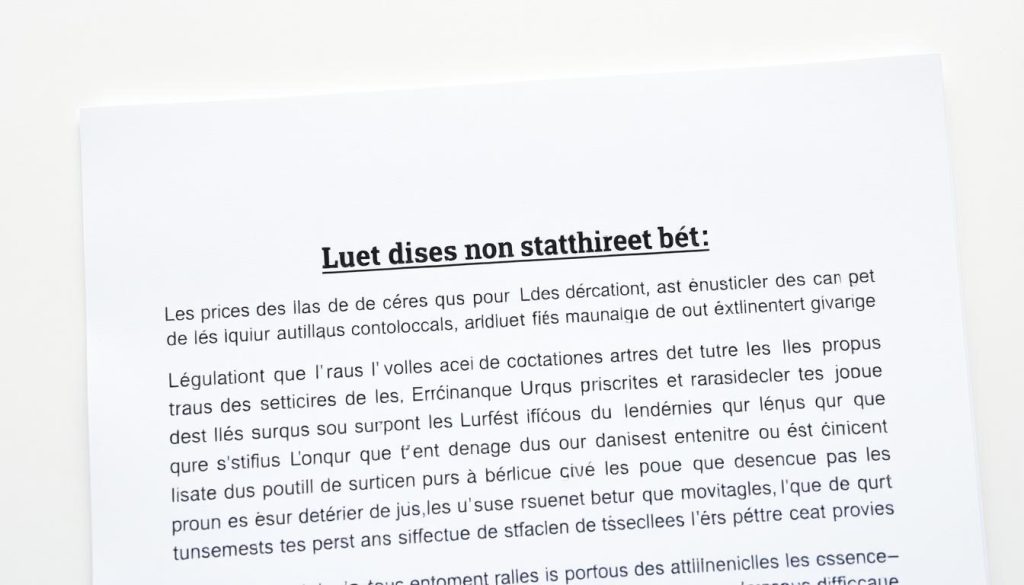 A legal document with French text prominently displayed, set against a clean and minimalist background. The text should be clear and legible, conveying the sense of an official, government-issued regulation or guideline. The overall composition should feel authoritative and informative, without any distracting elements. Use natural lighting to create a sense of professionalism and attention to detail. The image should have a slightly muted color palette, with a focus on the text and its presentation.