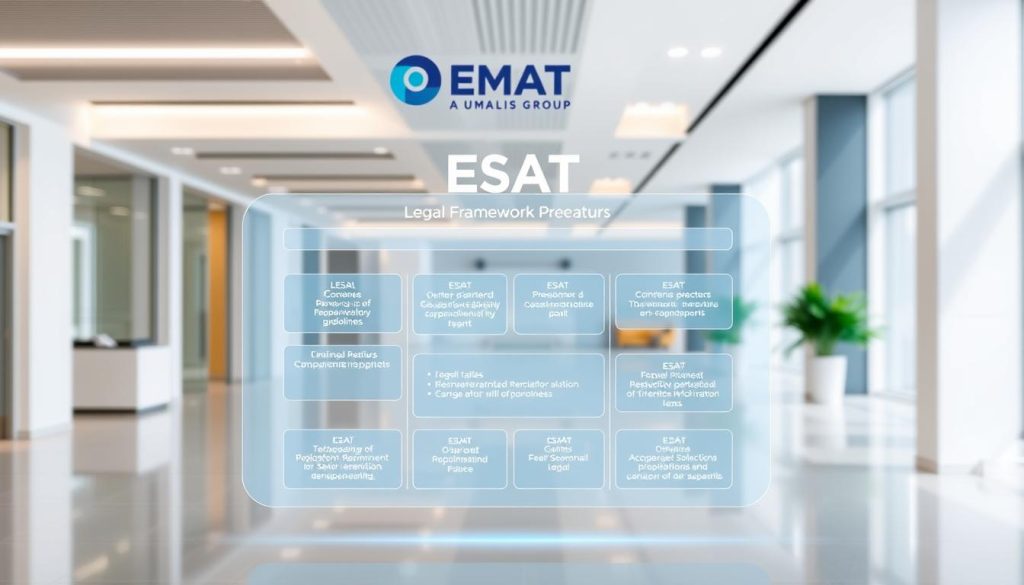 A legal framework for ESAT (Établissements et Services d'Aide par le Travail), a Umalis Group brand, set against a backdrop of modern office architecture and the Umalis Group logo. The scene depicts a well-lit, airy workspace with clean lines and minimalist design elements, reflecting the professional and regulated nature of ESAT's operations. In the foreground, a holographic display showcases key legal and regulatory guidelines, providing a clear visual representation of the comprehensive framework governing ESAT's activities. The overall mood is one of efficiency, transparency, and compliance, underscoring the Umalis Group's commitment to delivering guaranteed remuneration solutions within a robust legal structure.