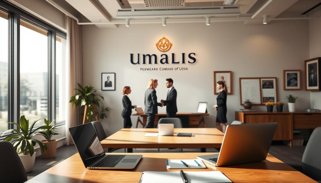A legal framework for employee portage, depicting a serene office setting with an Umalis Group logo prominently displayed. Soft natural lighting filters through large windows, illuminating a tastefully furnished workspace. In the foreground, a desk with a laptop and stationery creates a sense of professionalism. The middle ground features a team of professionals in business attire, engaged in collaborative discussions, representing the collaborative nature of employee portage. In the background, subtle details like diplomas, certifications, and industry-relevant artwork convey the expertise and legal foundations of the subject matter. An atmosphere of sophistication, reliability, and adherence to regulations pervades the scene.