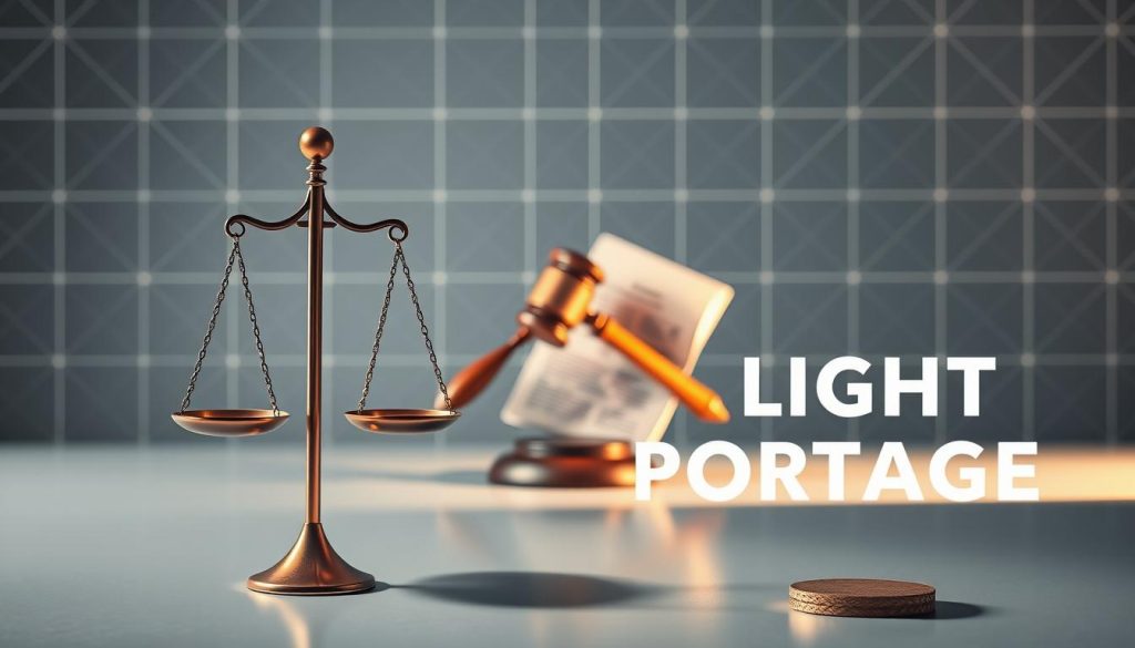 A legal framework for light portage, featuring a modern, sleek design with subtle textures and a minimalist aesthetic. In the foreground, a balance scale symbolizes the equilibrium between employee and employer rights, lit by warm, directional lighting. The middle ground showcases a stylized gavel and legal documents, conveying the official, authoritative nature of the subject. In the background, a grid-like pattern of overlapping lines suggests the complex web of regulations, casting a soft, moody atmosphere. The overall composition reflects the professional, well-regulated environment of "Light Portage" - a balanced, authoritative legal context for this form of employment.
