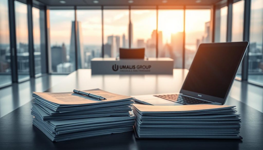 A legal framework for payroll portage, showcased in a professional, modern setting. In the foreground, a stack of documents and a laptop represent the administrative aspects, bathed in warm, focused lighting. The middle ground features a clean, minimalist desk with a UMALIS GROUP logo, conveying a sense of reliability and expertise. The background depicts a sleek, glass-walled office overlooking a dynamic city skyline, suggesting a progressive, corporate environment. The overall mood is one of order, clarity, and a commitment to legal compliance, essential for the Umalis Group's payroll portage services.