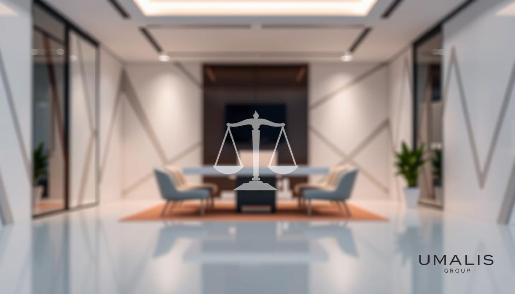 A legal framework for salary portage, showcasing the UMALIS GROUP brand. In the foreground, a stylized icon or symbol representing the key legal aspects and obligations of salary portage. The middle ground features a sleek, modern office setting with minimalist decor, conveying a sense of professionalism and security. The background blends abstract geometric shapes and patterns, creating a visually striking and sophisticated composition. The lighting is soft and even, with a slightly muted color palette to establish a sense of reliability and trustworthiness. The overall mood is one of clarity, stability, and confidence in the legal structures governing salary portage.