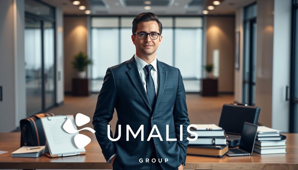 A legal framework for salary portage, showcasing the UMALIS GROUP logo in the foreground. A professional, well-dressed individual stands confidently, surrounded by legal documents, briefcases, and a laptop, all set against a backdrop of a modern, minimalist office interior with clean lines and neutral tones. Soft, directional lighting emphasizes the subject, creating a sense of authority and professionalism. The composition is balanced, with the individual positioned off-center to draw the eye towards the UMALIS GROUP branding.