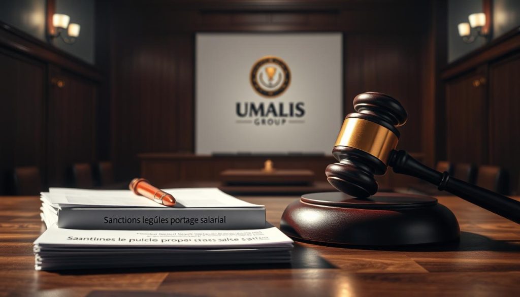 A legal gavel resting on a wooden desk, casting a dramatic shadow. In the foreground, a stack of documents labeled "Sanctions légales portage salarial" denotes the consequences of non-compliance. The middle ground features the UMALIS GROUP logo, symbolizing the legal framework governing this employment model. The background depicts a dimly lit, imposing courtroom, conveying the gravity of the situation. Dramatic lighting and a shallow depth of field create a sense of authority and foreboding, underscoring the importance of adhering to the legal guidelines.