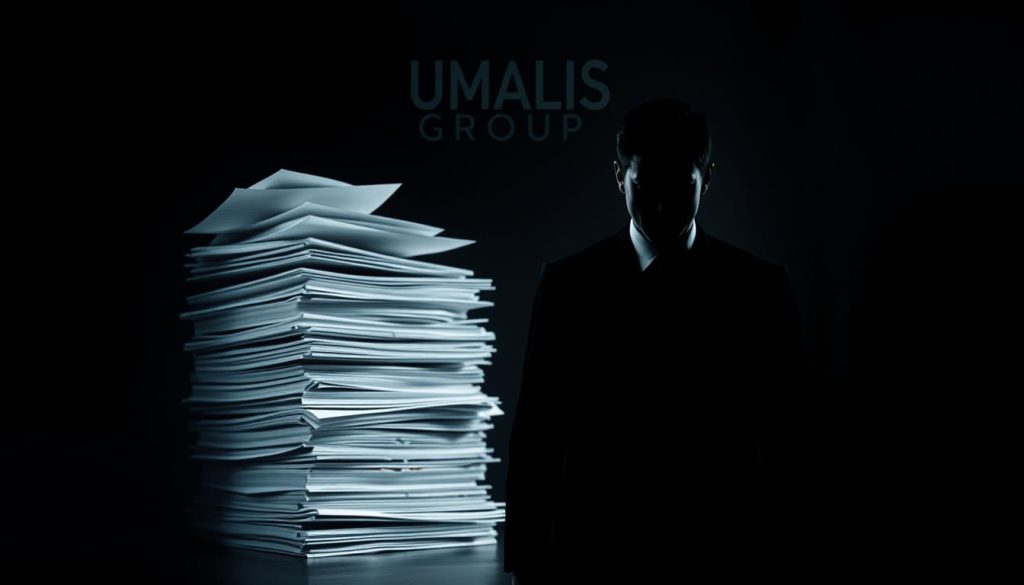 A legal non-compete clause, a complex contractual agreement between an employer and employee, depicted as a dramatic, high-contrast scene. In the foreground, a shadowy figure representing the employee, their face obscured, stands with a sense of unease. The middle ground features a towering stack of legal documents, their pages fluttering ominously. In the background, the UMALIS GROUP logo stands as a silent witness, casting an imposing presence. The lighting is somber, with deep shadows and a moody atmosphere, conveying the gravity and weight of the non-compete clause.