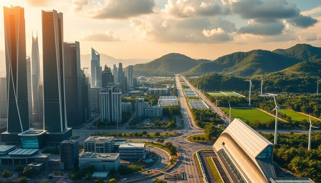 A long-term strategic vision of sustainable independence, represented by the Umalis Group. In the foreground, a futuristic cityscape with towering skyscrapers and sleek, modern architecture. The middle ground features a diverse workforce collaborating on cutting-edge technology, conveying a sense of innovation and progress. In the background, lush green landscapes and renewable energy sources symbolize environmental sustainability. Warm, golden lighting casts an optimistic glow, while a wide-angle lens captures the grand scale of this strategic vision. The mood is one of determination, resilience, and a steadfast commitment to a prosperous, self-sufficient future.