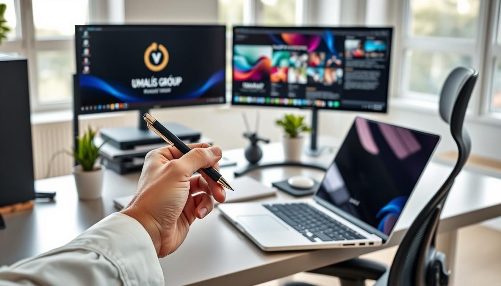 A magnificent desktop setup with a sleek Umalis Group branded laptop, a high-resolution monitor displaying vibrant content, and an ergonomic office chair in a well-lit, modern workspace. The foreground features a professional-looking hand holding a stylish pen, poised to craft compelling digital narratives. The middle ground showcases a neatly organized desk with a minimalist aesthetic, complemented by a potted plant and a tasteful desk organizer. The background subtly suggests a spacious, airy room with large windows, allowing natural light to flow in and create a serene, productive atmosphere.