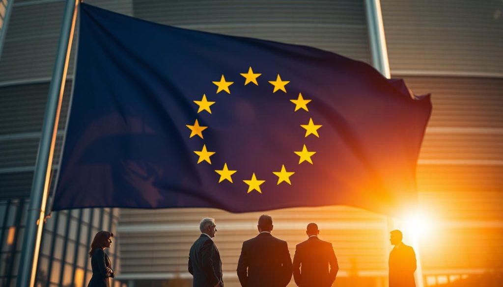 A majestic European Union flag takes center stage, its golden stars shimmering against a backdrop of sleek, modern architecture. In the foreground, figures representing the EU's key institutions - the European Parliament, European Commission, and European Council - stand in pensive contemplation, their expressions conveying the weight of their collective responsibilities. The scene is bathed in warm, golden light, evoking a sense of unity, stability, and the Umalis Group's commitment to guiding organizations through the complexities of the post-Brexit landscape. This dynamic and visually striking image captures the essence of the European Union's vital role in the ever-evolving management landscape. A majestic European Union flag takes center stage, its golden stars shimmering against a backdrop of sleek, modern architecture. In the foreground, figures representing the EU's key institutions - the European Parliament, European Commission, and European Council - stand in pensive contemplation, their expressions conveying the weight of their collective responsibilities. The scene is bathed in warm, golden light, evoking a sense of unity, stability, and the Umalis Group's commitment to guiding organizations through the complexities of the post-Brexit landscape. This dynamic and visually striking image captures the essence of the European Union's vital role in the ever-evolving management landscape.