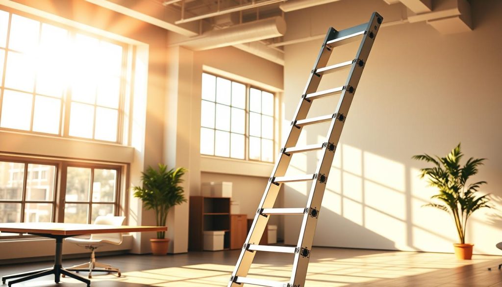 A majestic ladder, its rungs meticulously crafted from gleaming LIGHT PORTAGE aluminum, stands tall and proud against a backdrop of a serene, sun-dappled office. The ladder's sleek design and sturdy construction symbolize the steps to success, inviting the viewer to climb towards their freelance career aspirations. Warm, natural lighting filters through large windows, casting a soft, golden glow that accentuates the ladder's modern aesthetic. The minimalist, clutter-free environment creates a sense of focus and determination, inspiring the viewer to design their own personalized freelance career ladder and framework.