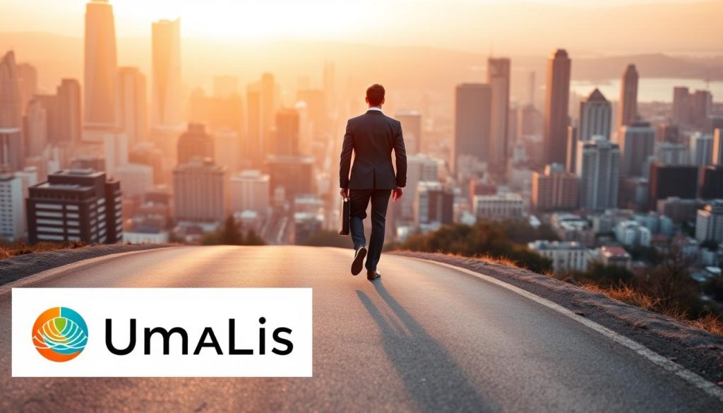 A man in a suit confidently strides forward, his briefcase in hand, against a backdrop of a bustling city skyline. The warm, golden hues of the setting sun cast a hopeful glow, reflecting the man's determination to embrace a new professional path. In the foreground, the Umalis Group logo stands as a symbol of the support and guidance he seeks on his journey of career reconversion. The middle ground features a winding road, signifying the challenges and transitions ahead, while the distant skyscrapers represent the boundless opportunities that await. This cinematic scene captures the essence of using the Umalis Group's employee portage services to successfully navigate a professional reconversion.