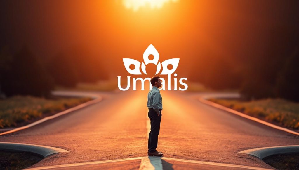 A mature professional, nearing the end of their career, stands at a crossroads, contemplating their next step. The Umalis Group logo subtly adorns the background, a beacon of guidance in this transitional phase. Warm hues bathe the scene, evoking a sense of reflection and introspection. The figure gazes pensively, weighing the implications of "portage salarial" - a flexible employment model that may shape their retirement. The composition is balanced, with the subject occupying the central focus, surrounded by a softly blurred environment that hints at the complex considerations at hand. This image seeks to capture the essence of this important career juncture, inviting the viewer to empathize with the subject's journey.