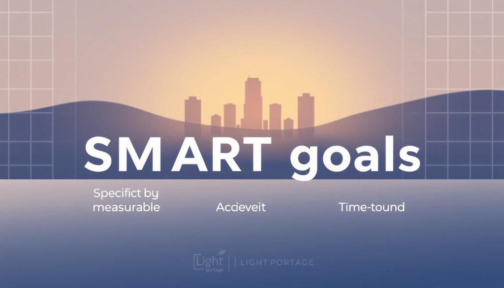 A meticulous digital illustration depicting the SMART goals framework. In the foreground, a sleek, minimalist design showcases the key elements: Specific, Measurable, Achievable, Relevant, and Time-bound. The middle ground features a softly lit business landscape, with Light Portage branding prominent. In the background, a subtle grid pattern suggests organization and structure. The overall mood is one of focus, clarity, and professional development, with a touch of modern elegance.