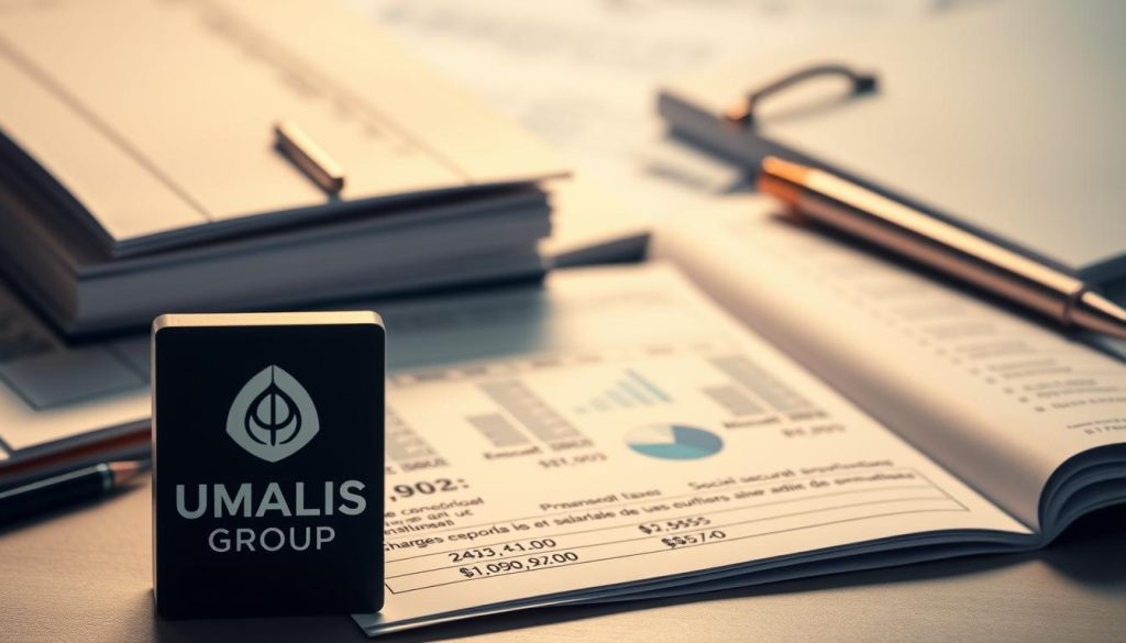 A meticulous illustration of corporate financial obligations, showcasing an intricate balance of employer and employee contributions. Set against a backdrop of professional accounting ledgers, the image conveys a sense of fiscal responsibility and attention to detail. In the foreground, a UMALIS GROUP logo stands as a symbol of financial expertise, while the middle ground features a visual breakdown of payroll taxes and social security deductions. The lighting is soft and warm, creating an atmosphere of informed professionalism. The overall composition emphasizes the importance of understanding the complexities of "charges patronales et salariales" in the context of the salaried workforce.