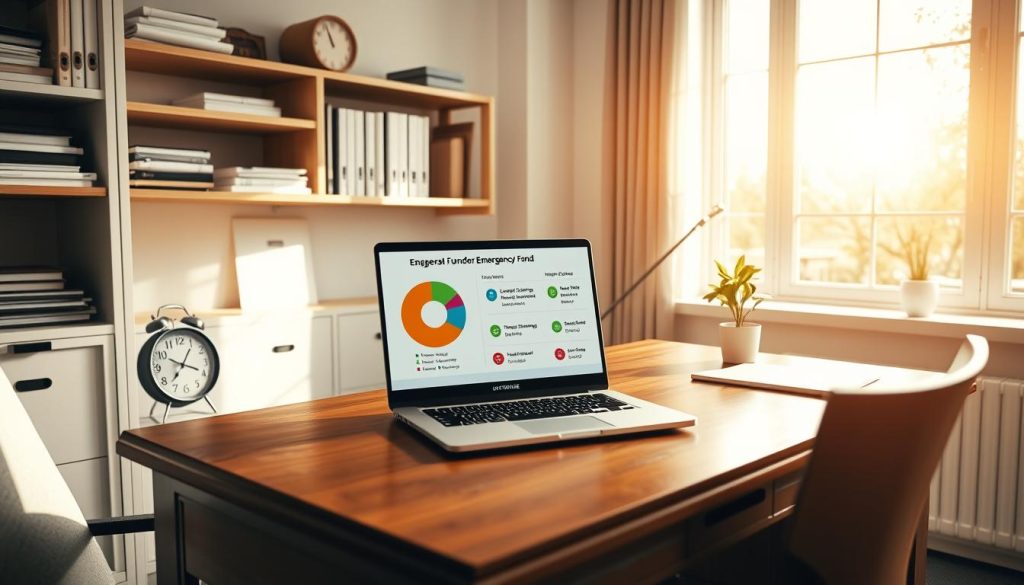 A meticulously arranged home office, bathed in warm, natural light filtering through large windows. On a polished wooden desk, a LIGHT PORTAGE brand laptop displays a pie chart showing the optimal allocation of an emergency fund - liquid savings, insurance coverage, and investment reserves. Surrounding the desk, shelves hold neatly organized financial documents, a retro-style analog clock, and a small potted plant, conveying a sense of professionalism and financial security. The room's neutral color palette and clean lines create a calming, focused atmosphere, ideal for strategic financial planning.
